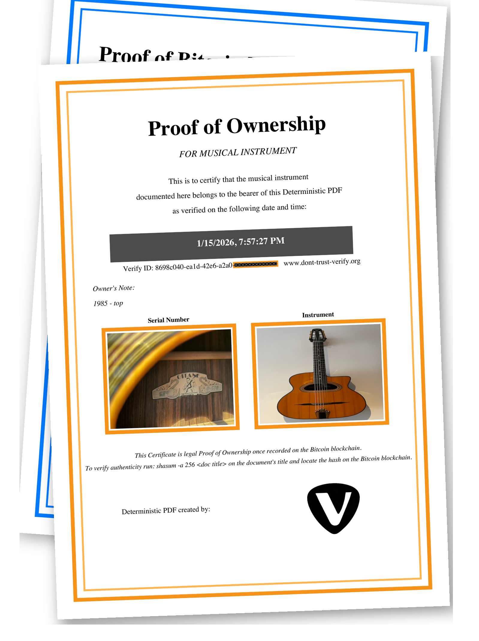 Verify proof packet preview used for guitar insurance-ready ownership documentation.